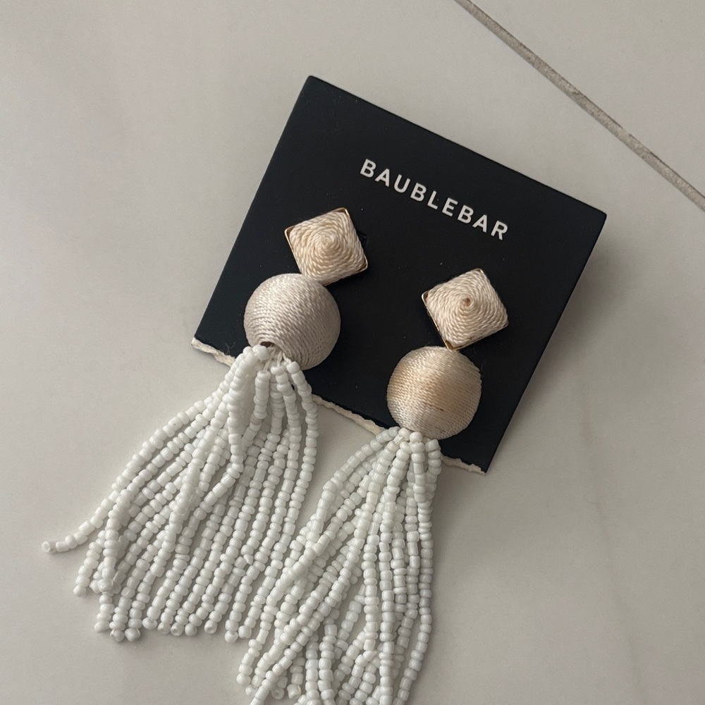 BaubleBar Ivory and White Beaded Tassel Earrings